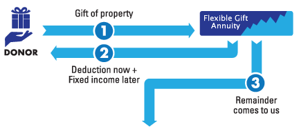 This diagram represents how to make a gift of a flexible gift annuity - a gift that pays you income.